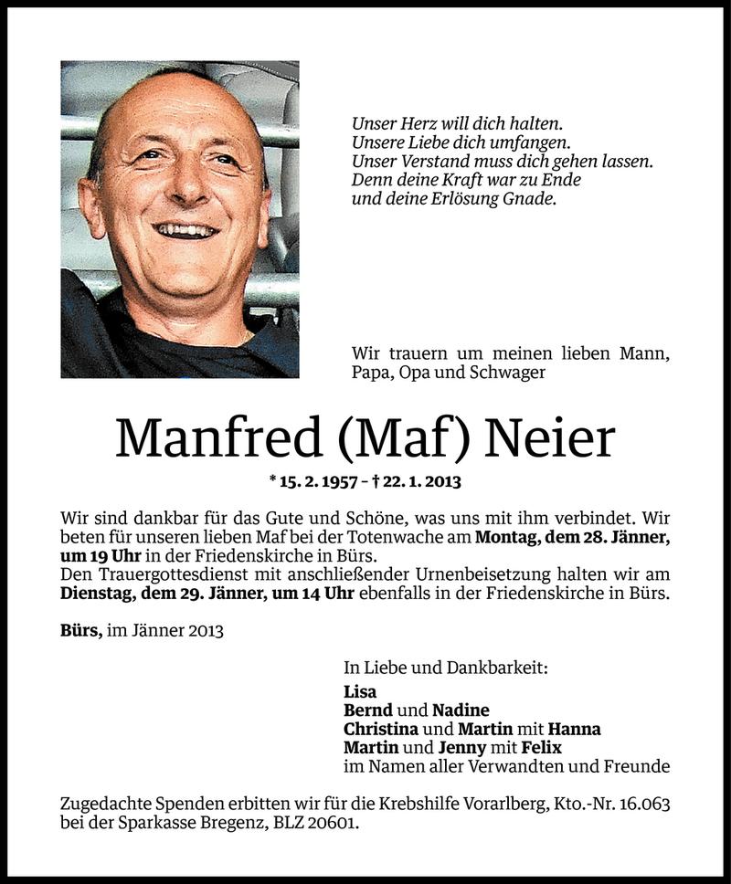  Todesanzeige für Manfred (Maf) Neier vom 25.01.2013 aus Vorarlberger Nachrichten