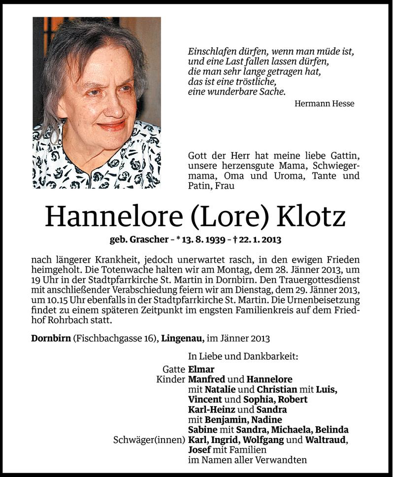  Todesanzeige für Hannelore (Lore) Klotz vom 25.01.2013 aus Vorarlberger Nachrichten