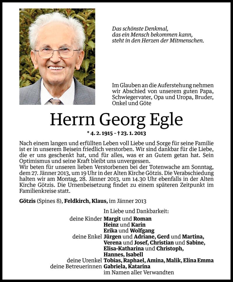  Todesanzeige für Georg Egle vom 24.01.2013 aus Vorarlberger Nachrichten