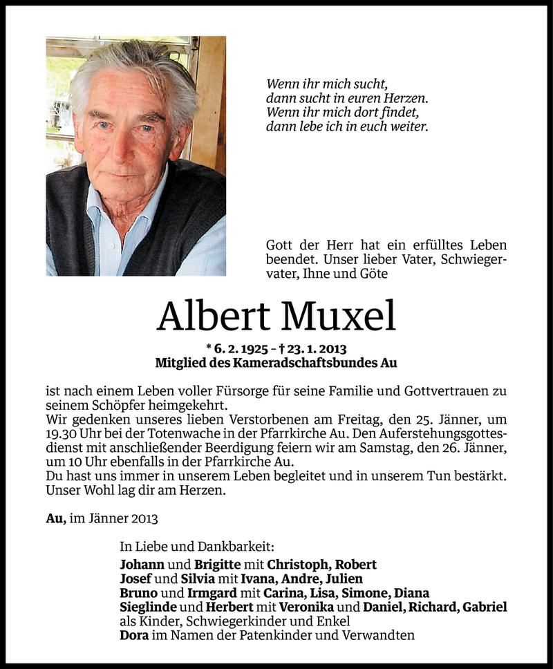  Todesanzeige für Albert Muxel vom 24.01.2013 aus Vorarlberger Nachrichten