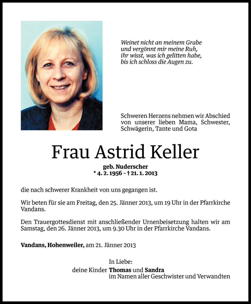  Todesanzeige für Astrid Keller vom 24.01.2013 aus Vorarlberger Nachrichten