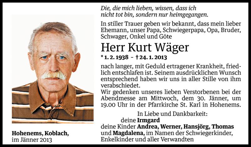  Todesanzeige für Kurt Wäger vom 30.01.2013 aus Vorarlberger Nachrichten