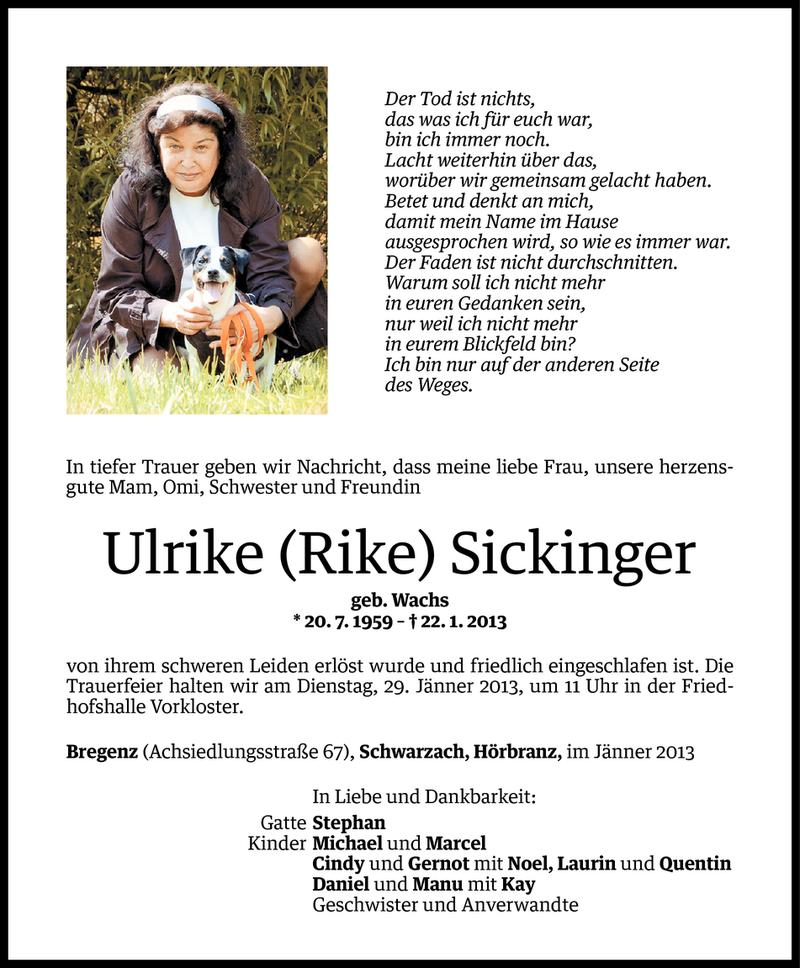  Todesanzeige für Ulrike (Rike) Sickinger vom 25.01.2013 aus Vorarlberger Nachrichten