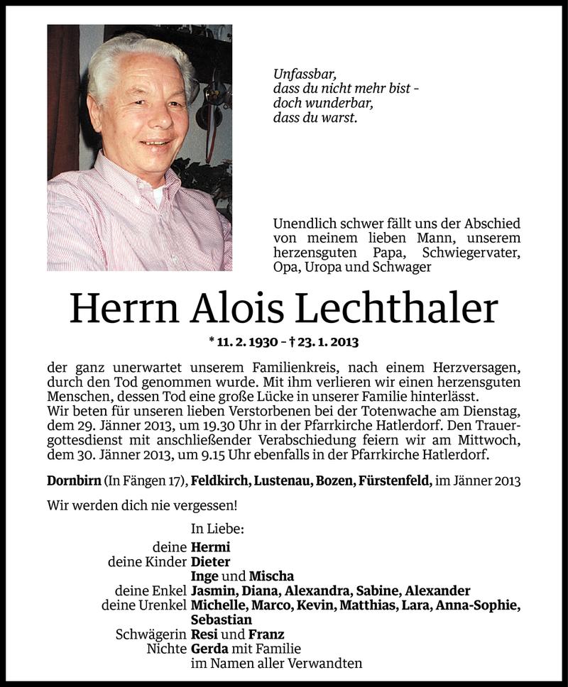  Todesanzeige für Alois Lechthaler vom 25.01.2013 aus Vorarlberger Nachrichten