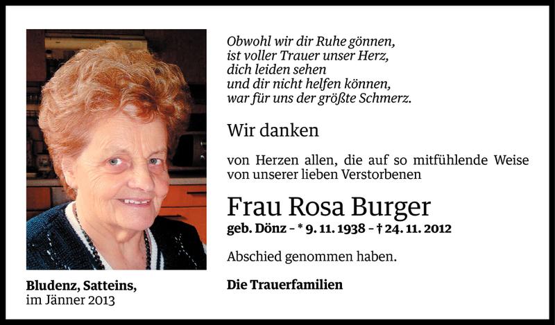  Todesanzeige für Rosa Burger vom 25.01.2013 aus Vorarlberger Nachrichten