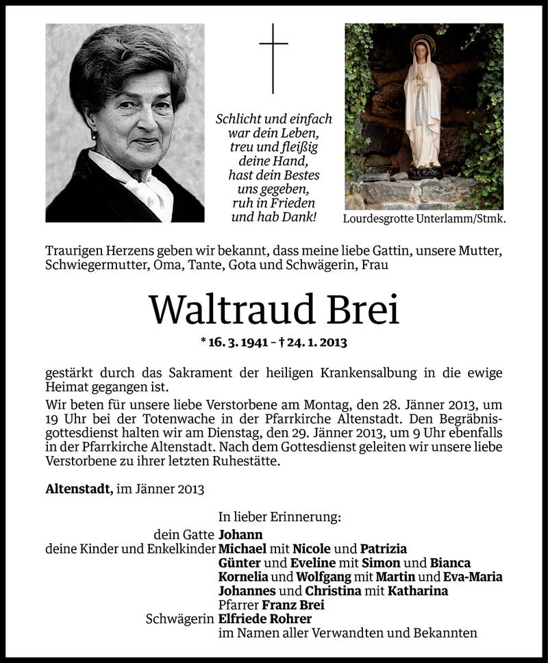  Todesanzeige für Waltraud Brei vom 25.01.2013 aus Vorarlberger Nachrichten