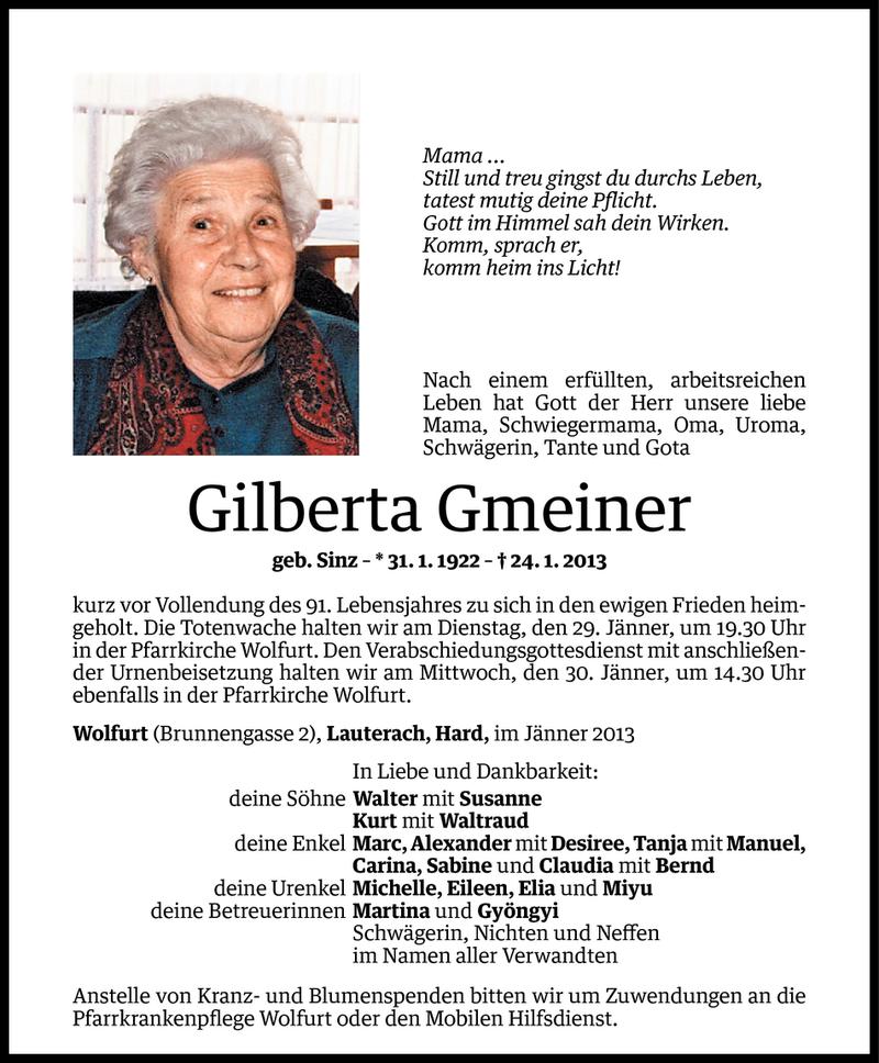  Todesanzeige für Gilberta Gmeiner vom 25.01.2013 aus Vorarlberger Nachrichten