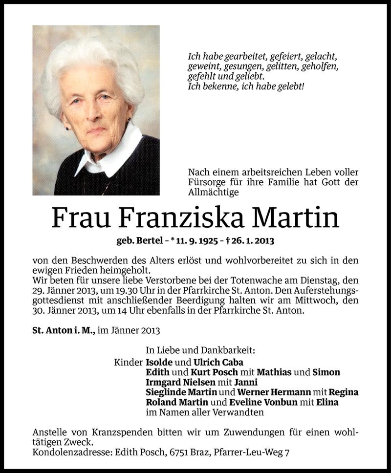  Todesanzeige für Franziska Martin vom 27.01.2013 aus Vorarlberger Nachrichten