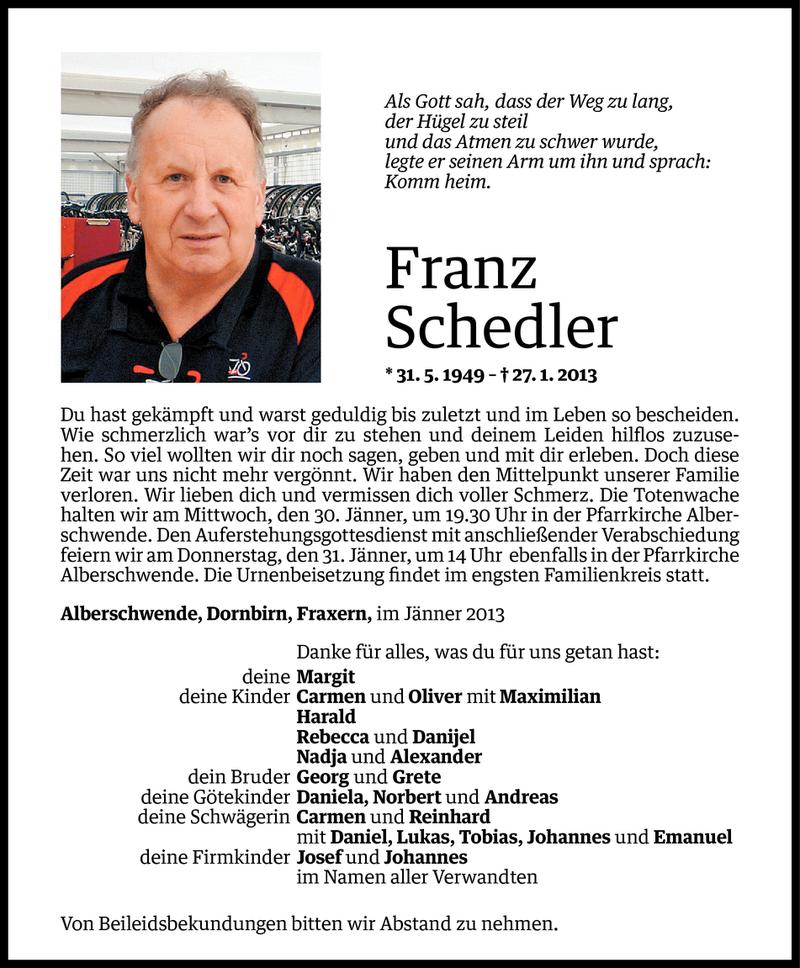  Todesanzeige für Franz Schedler vom 28.01.2013 aus Vorarlberger Nachrichten