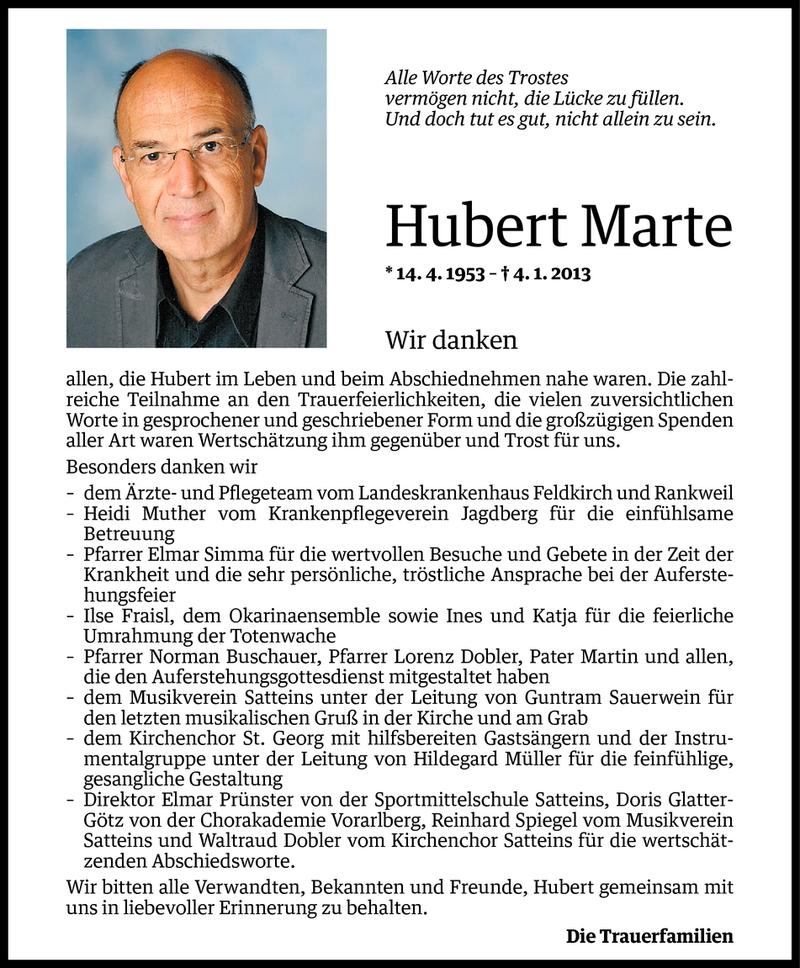  Todesanzeige für Hubert Marte vom 01.02.2013 aus Vorarlberger Nachrichten