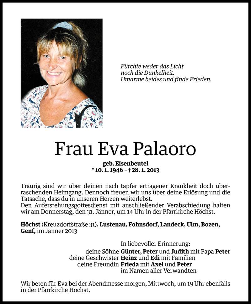  Todesanzeige für Eva Palaoro vom 28.01.2013 aus Vorarlberger Nachrichten