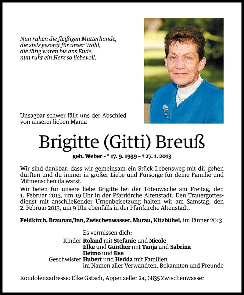  Todesanzeige für Brigitte (Gitti) Breuß vom 29.01.2013 aus Vorarlberger Nachrichten