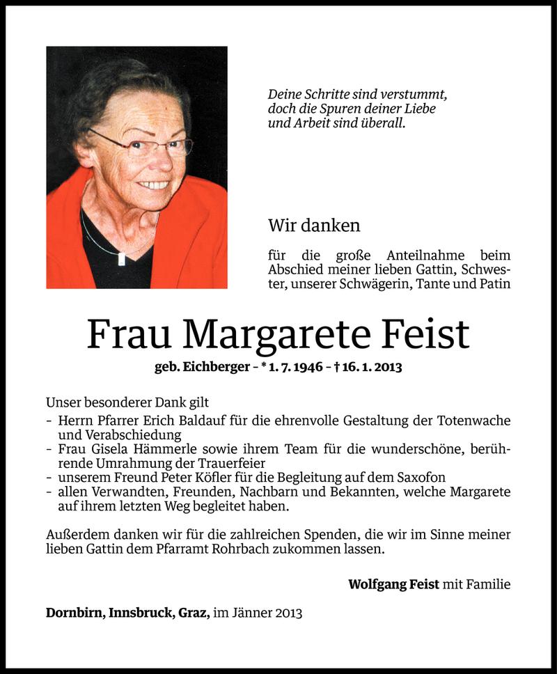  Todesanzeige für Margarete Feist vom 29.01.2013 aus Vorarlberger Nachrichten