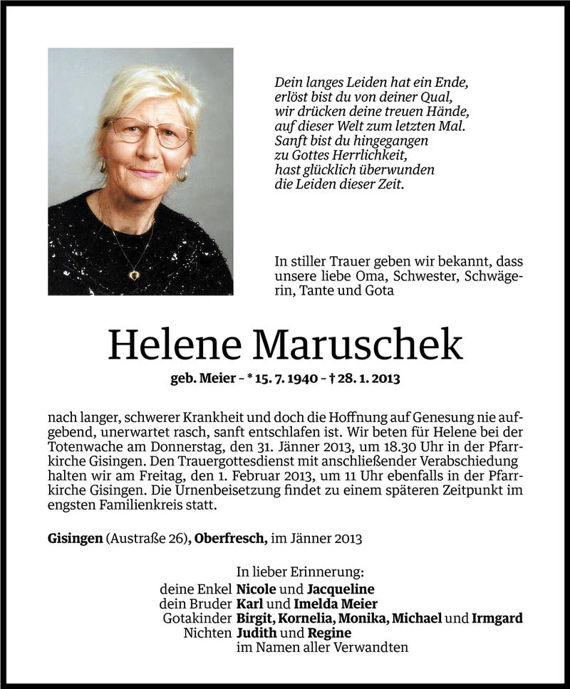  Todesanzeige für Helene Maruschek vom 29.01.2013 aus Vorarlberger Nachrichten