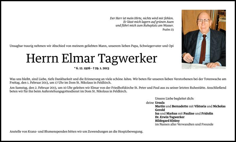  Todesanzeige für Elmar Tagwerker vom 29.01.2013 aus Vorarlberger Nachrichten