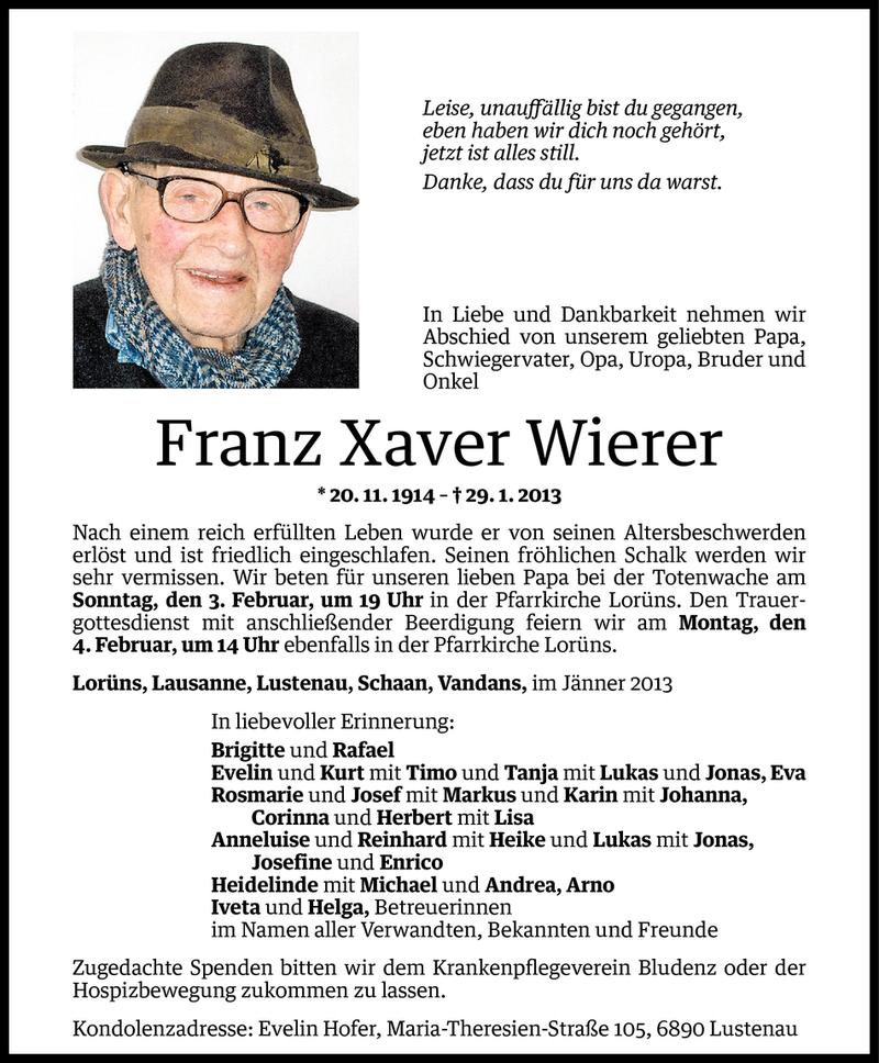  Todesanzeige für Franz Xaver Wierer vom 31.01.2013 aus Vorarlberger Nachrichten