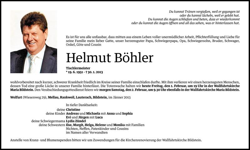  Todesanzeige für Helmut Böhler vom 31.01.2013 aus Vorarlberger Nachrichten