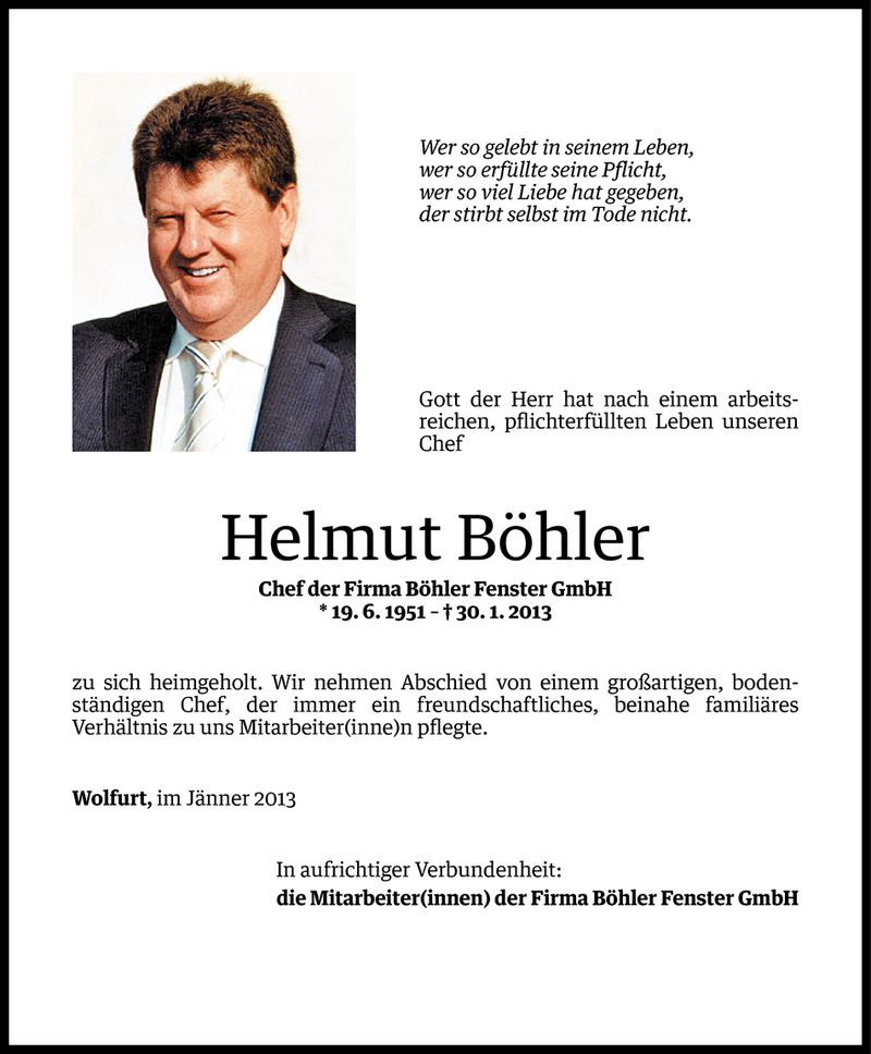  Todesanzeige für Helmut Böhler vom 31.01.2013 aus Vorarlberger Nachrichten