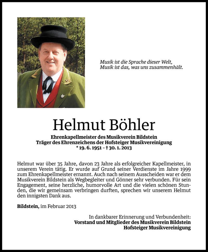  Todesanzeige für Helmut Böhler vom 31.01.2013 aus Vorarlberger Nachrichten