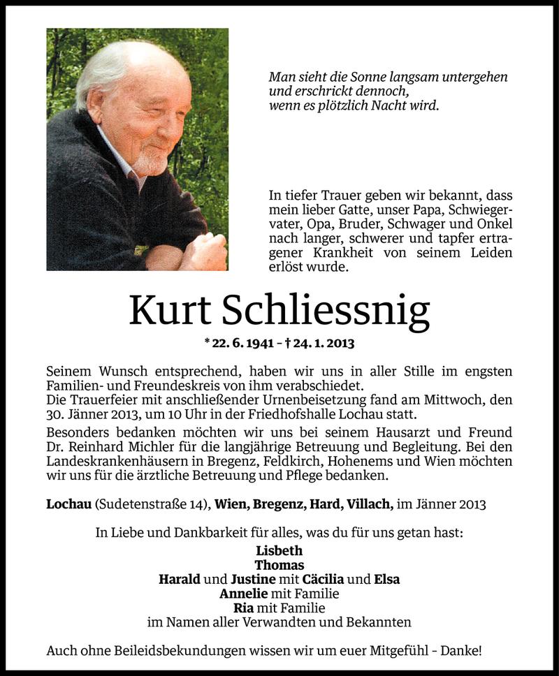  Todesanzeige für Kurt Schliessnig vom 01.02.2013 aus Vorarlberger Nachrichten