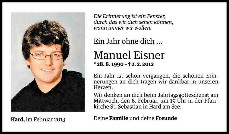  Todesanzeige für Manuel Eisner vom 01.02.2013 aus Vorarlberger Nachrichten