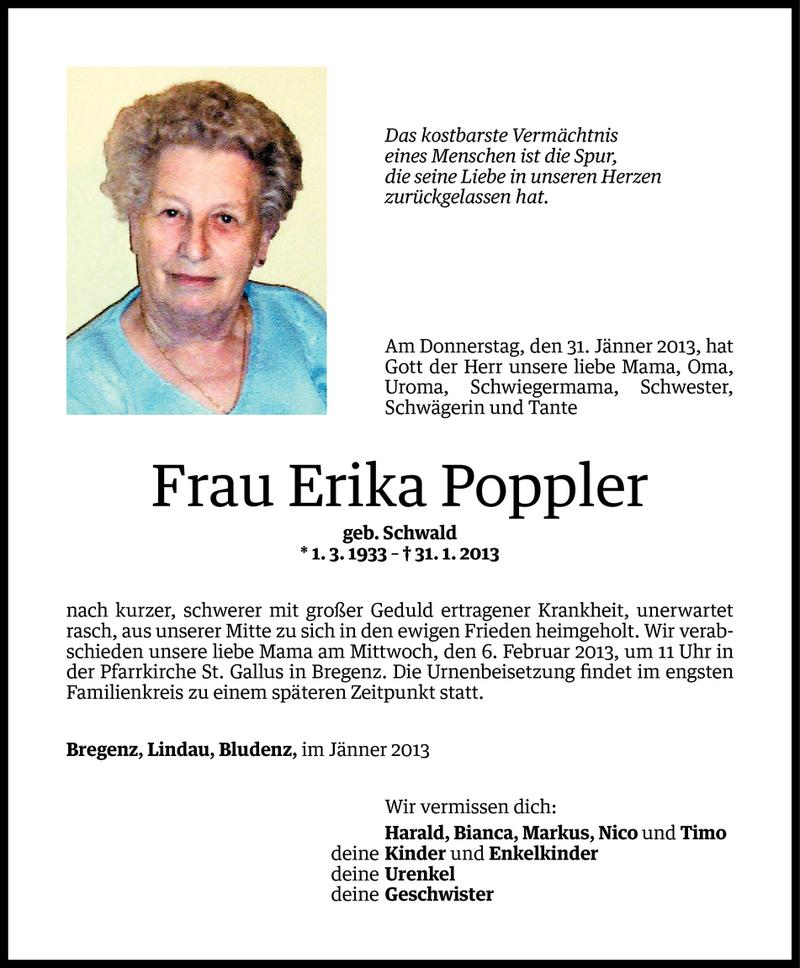  Todesanzeige für Erika Poppler vom 01.02.2013 aus Vorarlberger Nachrichten