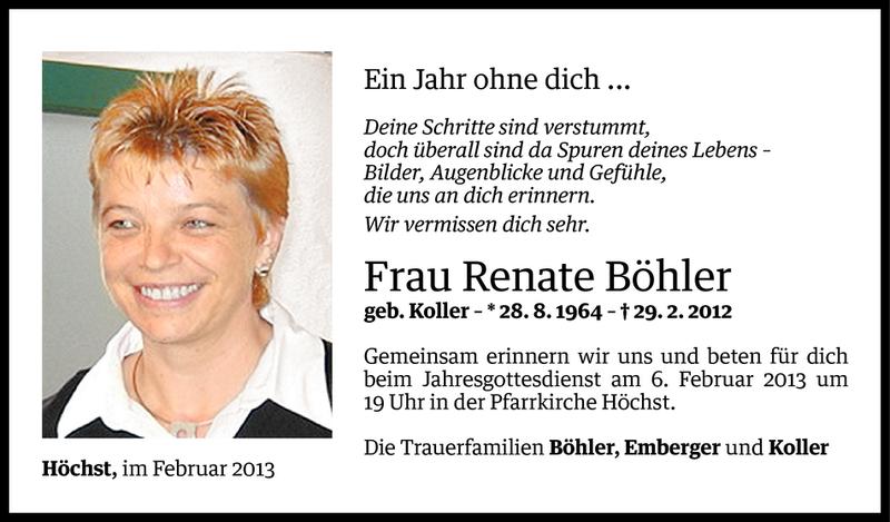  Todesanzeige für Renate Böhler vom 03.02.2013 aus Vorarlberger Nachrichten