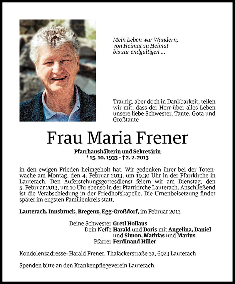  Todesanzeige für Maria Frener vom 03.02.2013 aus Vorarlberger Nachrichten