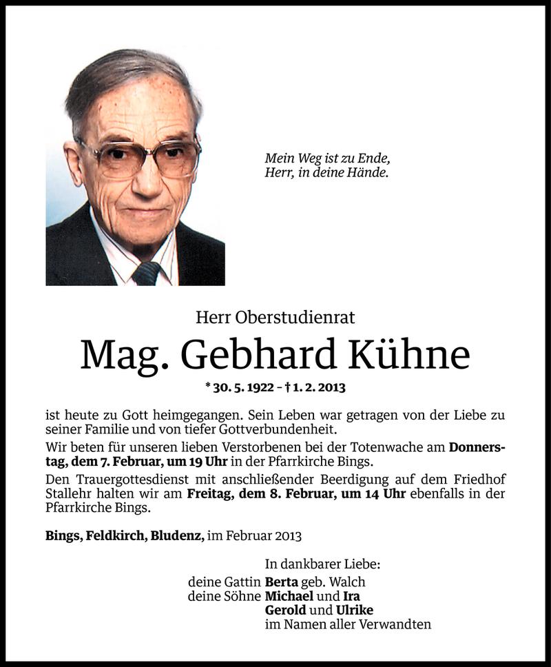  Todesanzeige für Mag. Gebhard Kühne vom 05.02.2013 aus Vorarlberger Nachrichten