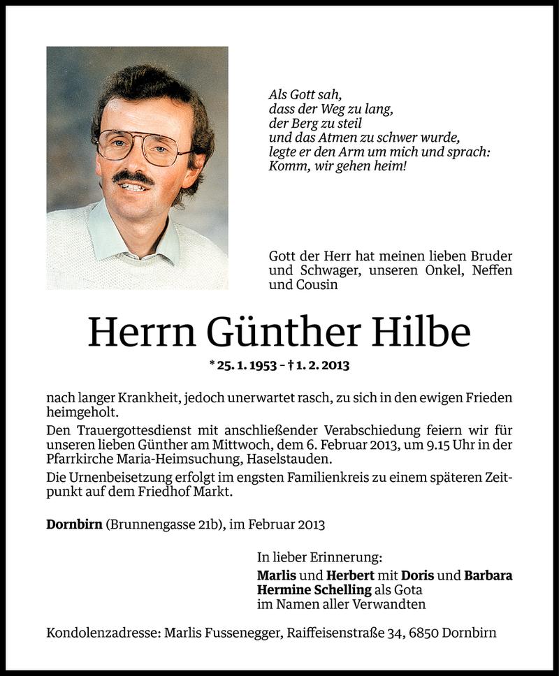  Todesanzeige für Günther Hilbe vom 04.02.2013 aus Vorarlberger Nachrichten