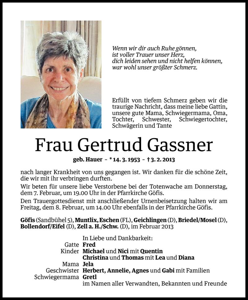  Todesanzeige für Gertrud Gassner vom 04.02.2013 aus Vorarlberger Nachrichten