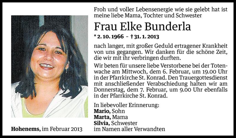  Todesanzeige für Elke Bunderla vom 04.02.2013 aus Vorarlberger Nachrichten