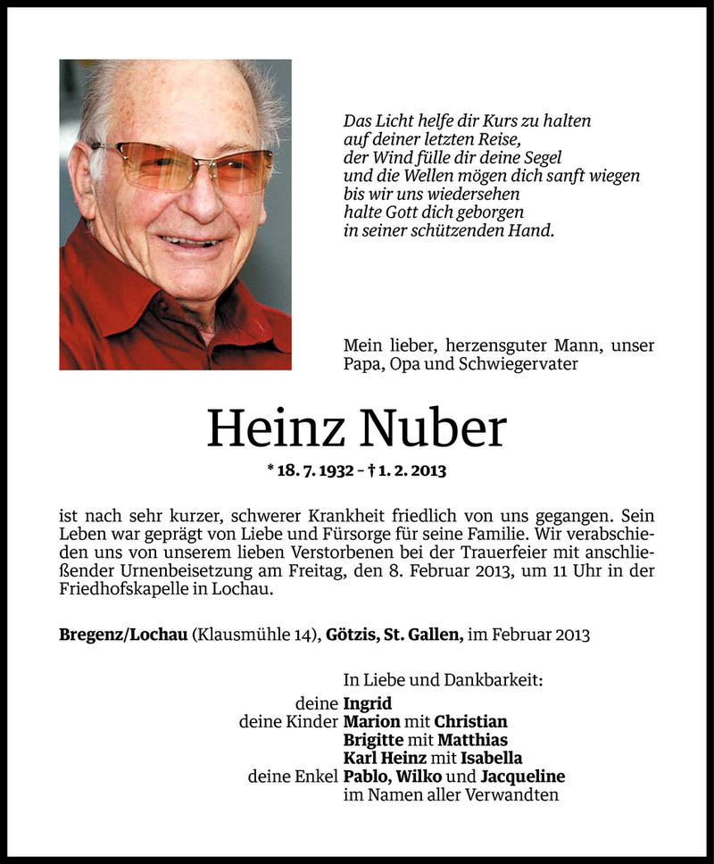  Todesanzeige für Heinz Nuber vom 04.02.2013 aus Vorarlberger Nachrichten