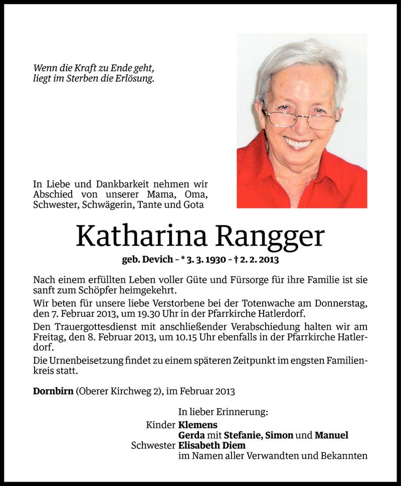  Todesanzeige für Katharina Rangger vom 05.02.2013 aus Vorarlberger Nachrichten