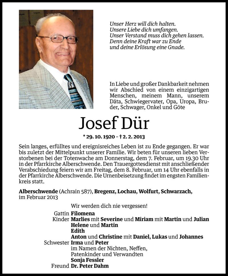  Todesanzeige für Josef Dür vom 05.02.2013 aus Vorarlberger Nachrichten