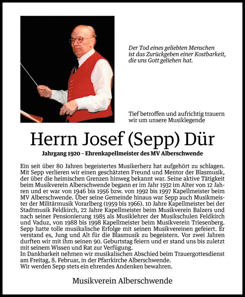 Todesanzeige für Josef Dür vom 05.02.2013 aus Vorarlberger Nachrichten