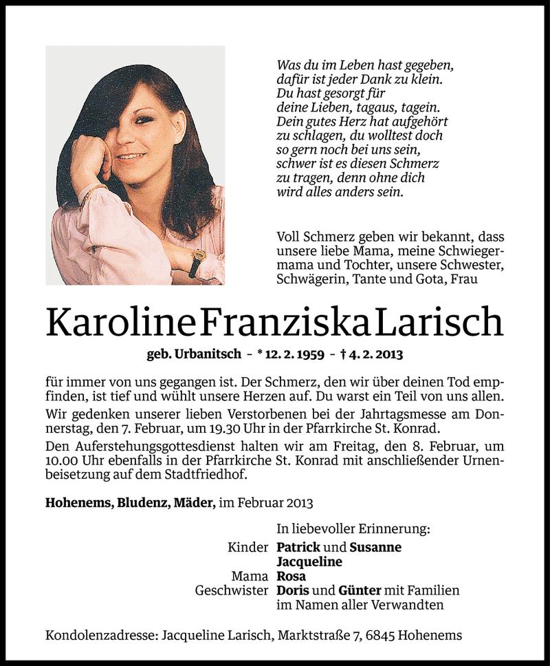  Todesanzeige für Karoline Franziska Larisch vom 05.02.2013 aus Vorarlberger Nachrichten