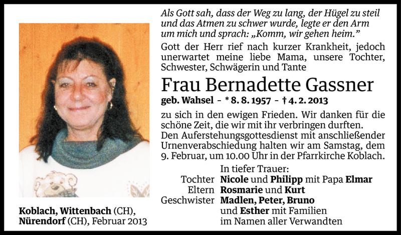  Todesanzeige für Bernadette Gassner vom 06.02.2013 aus Vorarlberger Nachrichten