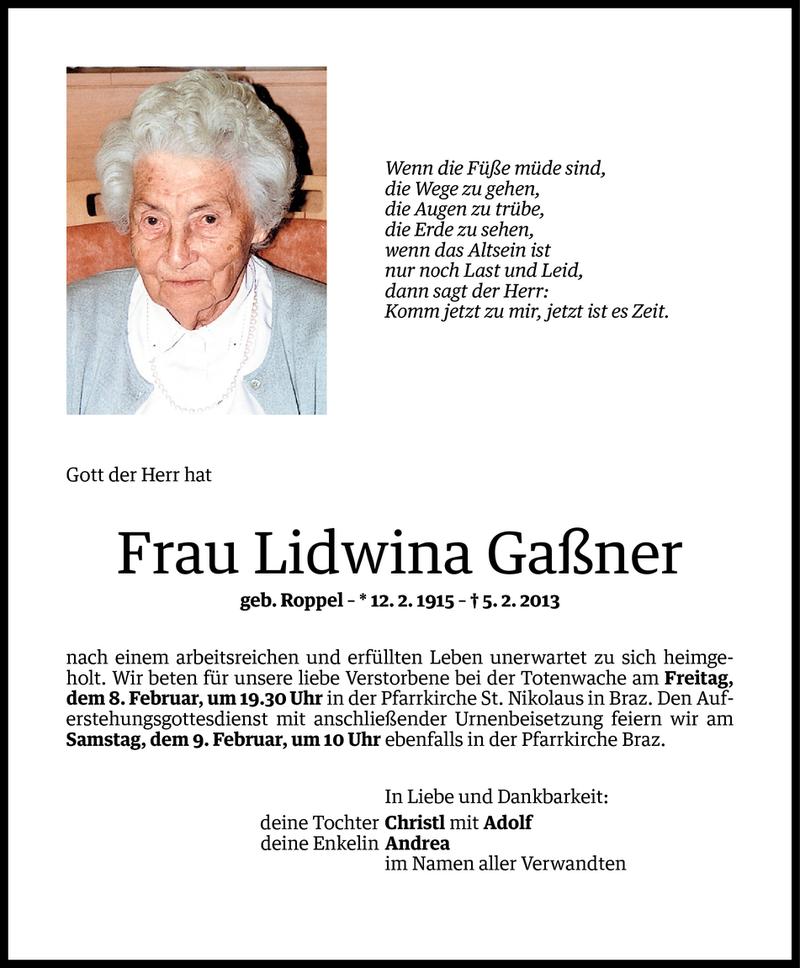  Todesanzeige für Lidwina Gaßner vom 06.02.2013 aus Vorarlberger Nachrichten