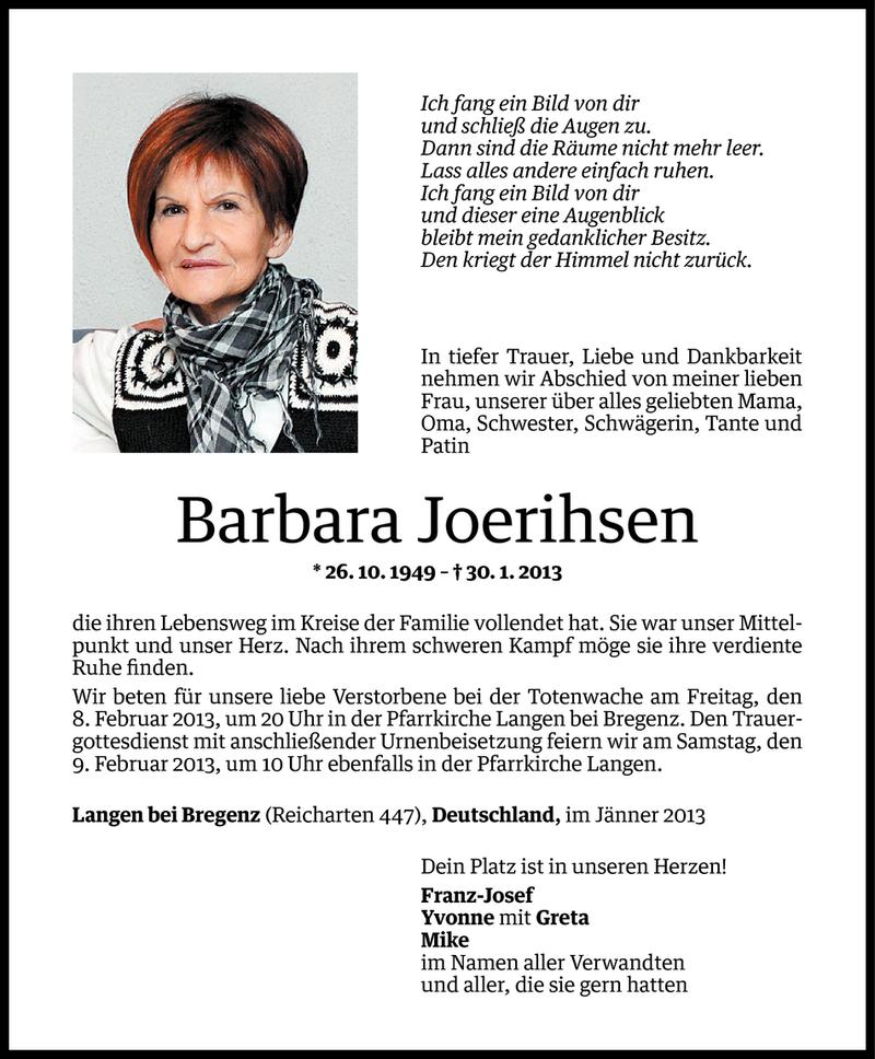  Todesanzeige für Barbara Joerihsen vom 06.02.2013 aus Vorarlberger Nachrichten