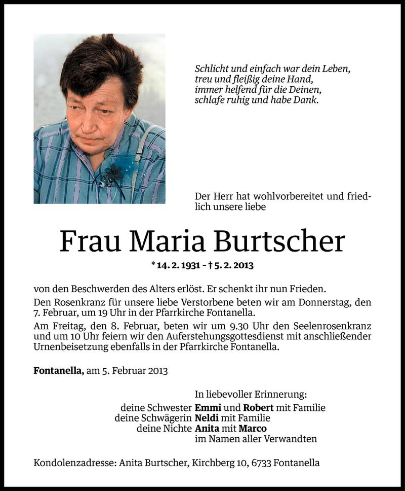  Todesanzeige für Maria Burtscher vom 06.02.2013 aus Vorarlberger Nachrichten