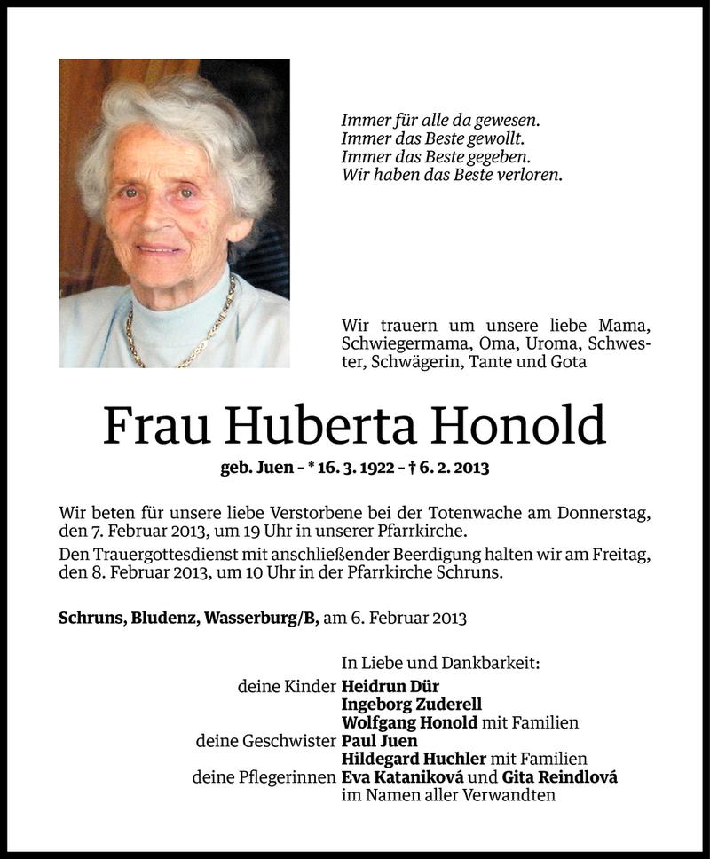  Todesanzeige für Huberta Honold vom 06.02.2013 aus Vorarlberger Nachrichten