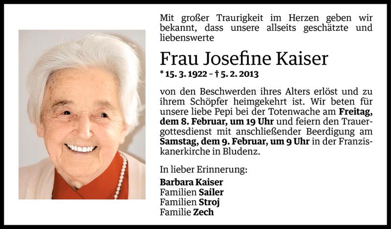  Todesanzeige für Josefine Kaiser vom 06.02.2013 aus Vorarlberger Nachrichten
