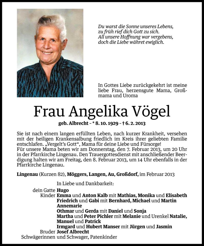  Todesanzeige für Angelika Vögel vom 06.02.2013 aus Vorarlberger Nachrichten