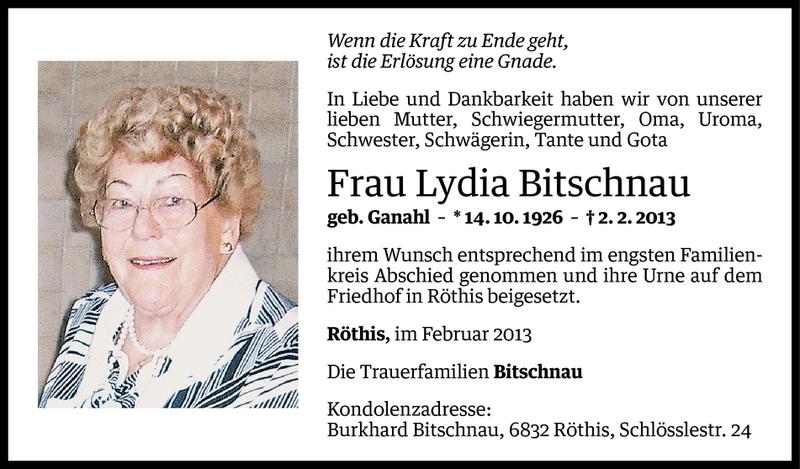  Todesanzeige für Lydia Bitschnau vom 08.02.2013 aus Vorarlberger Nachrichten