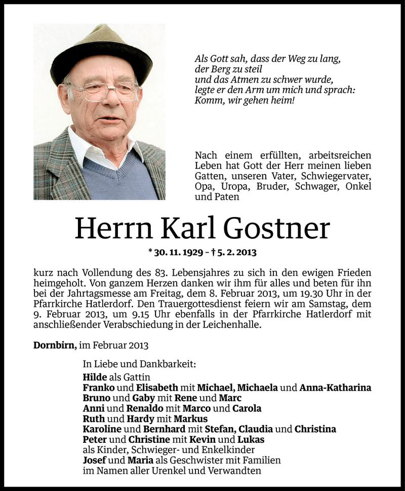  Todesanzeige für Karl Gostner vom 06.02.2013 aus Vorarlberger Nachrichten