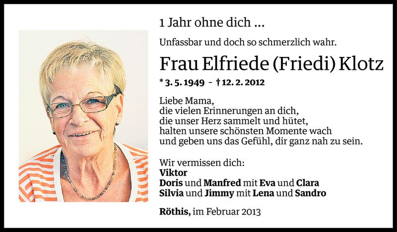  Todesanzeige für Elfriede (Friedi) Klotz vom 11.02.2013 aus Vorarlberger Nachrichten