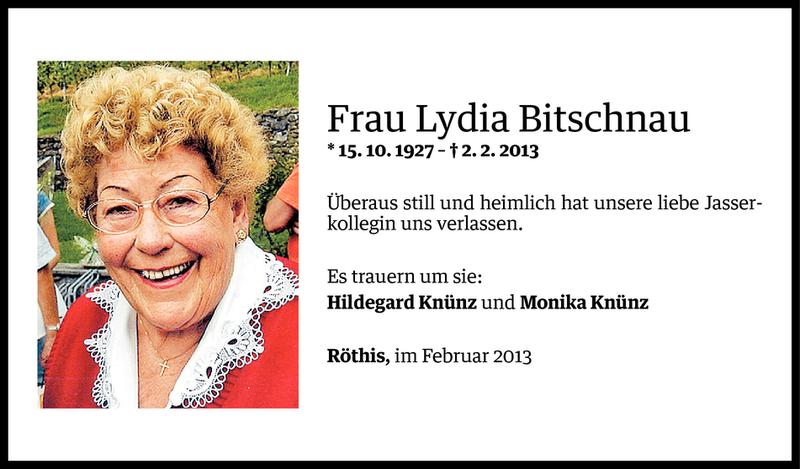  Todesanzeige für Lydia Bitschnau vom 08.02.2013 aus Vorarlberger Nachrichten
