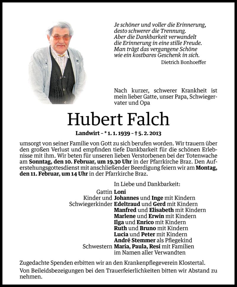  Todesanzeige für Hubert Falch vom 08.02.2013 aus Vorarlberger Nachrichten
