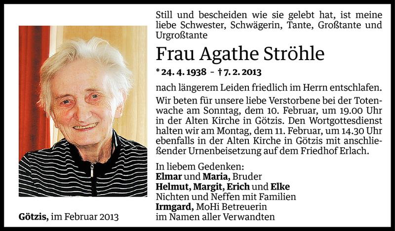  Todesanzeige für Agathe Ströhle vom 08.02.2013 aus Vorarlberger Nachrichten